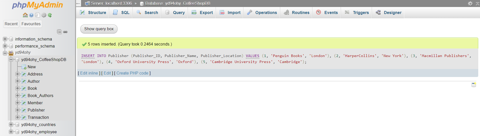 Figure 14 Inserting records into Publisher Table